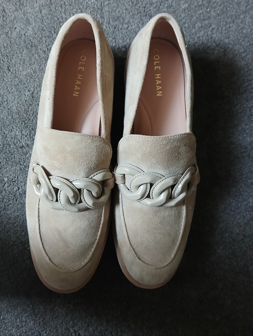 Cole Haan Beige Suede Chain-Trim Loafers - Women's Size 9B
